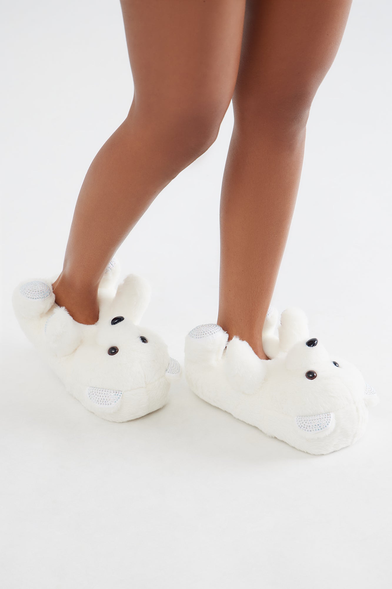 Lovey Rhinestone Bear Slippers - White